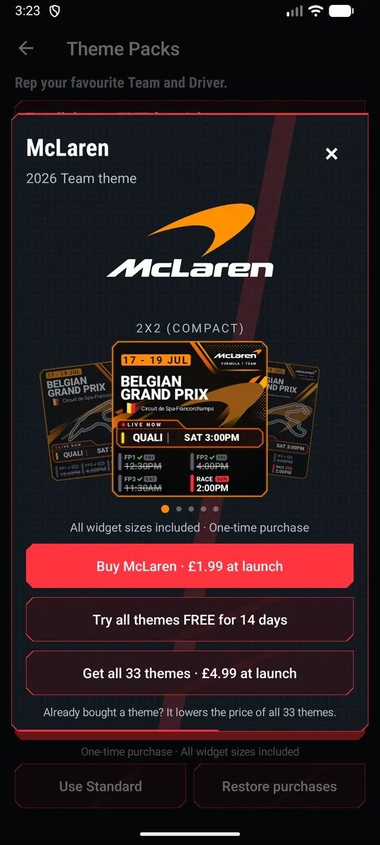 McLaren theme page, cycling through all five widget sizes