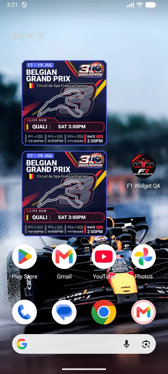 Android home screen with two F1 widgets showing the Belgian Grand Prix, qualifying live