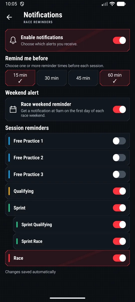 Notification settings with reminders on for qualifying, sprint and race, 15 and 60 minutes before, and separate Sprint Qualifying and Sprint Race switches
