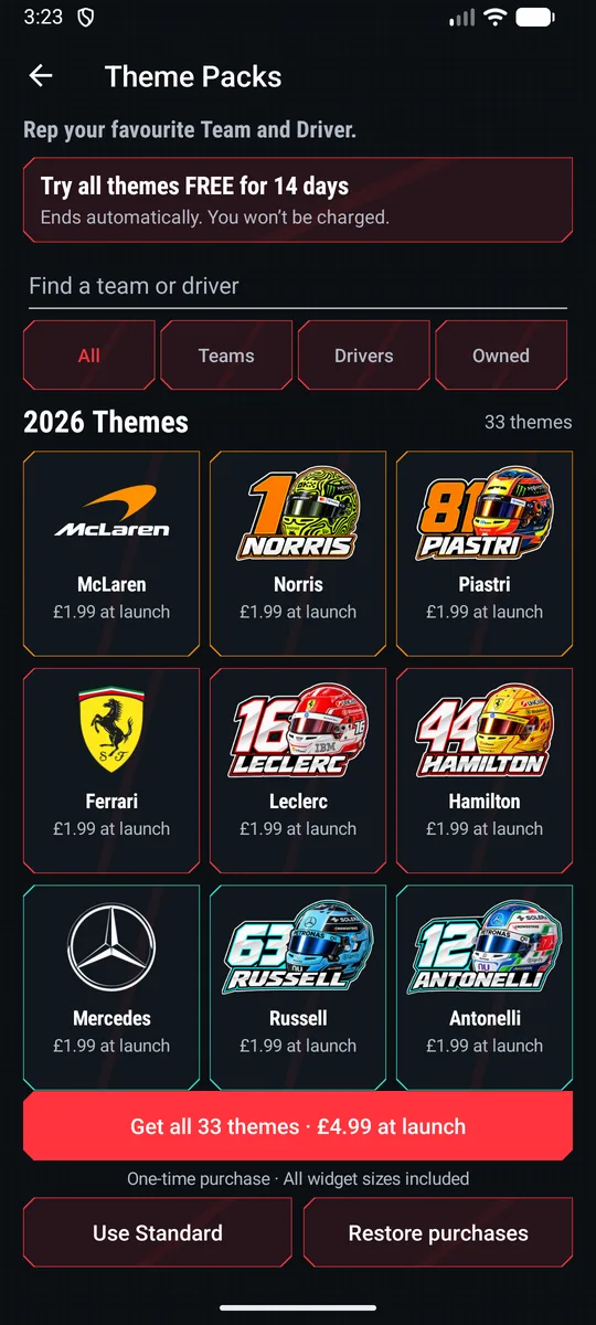 Theme Packs screen with team and driver themes